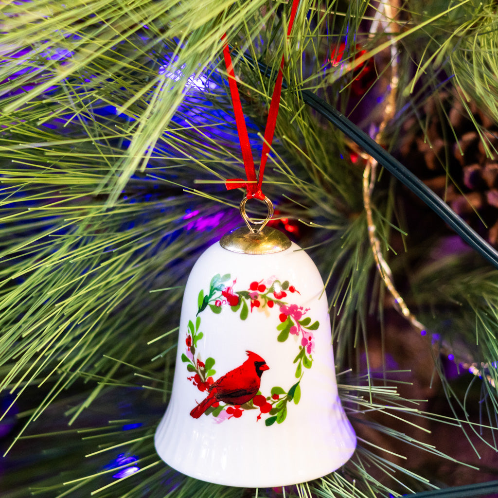 Porcelain Cardinal in Flower Vine Bell Ornament