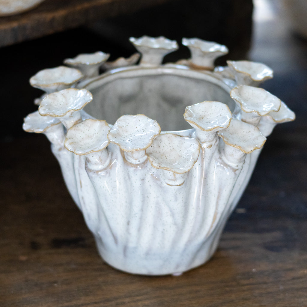 Stoneware Pot with Flower Rim Cream Tan
