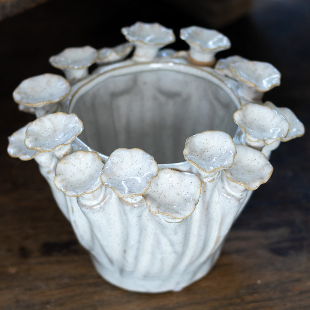 Stoneware Pot with Flower Rim Cream Tan