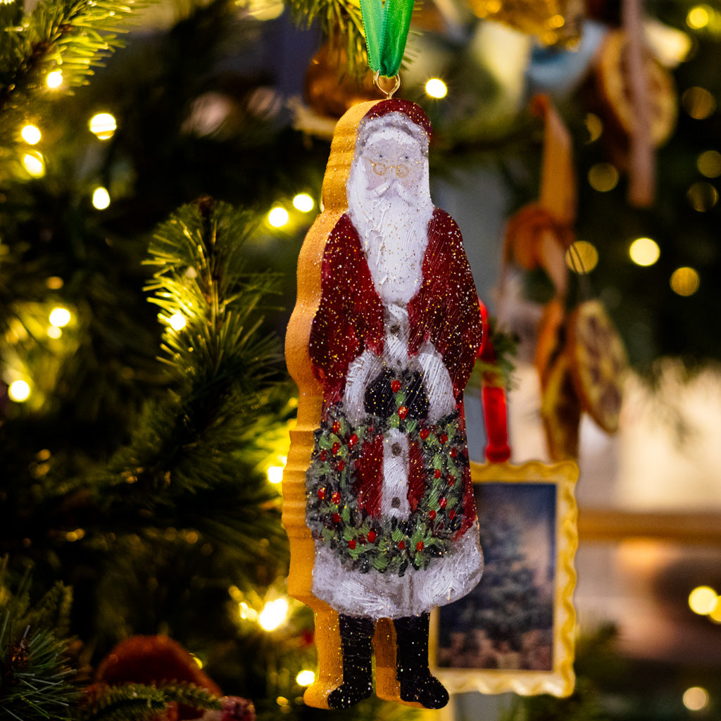Handpainted Wood Cutout Glittered Santa Ornament