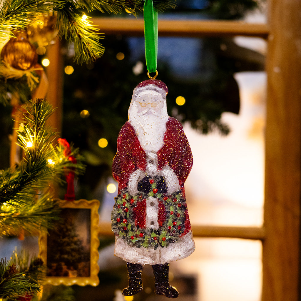 Handpainted Wood Cutout Glittered Santa Ornament