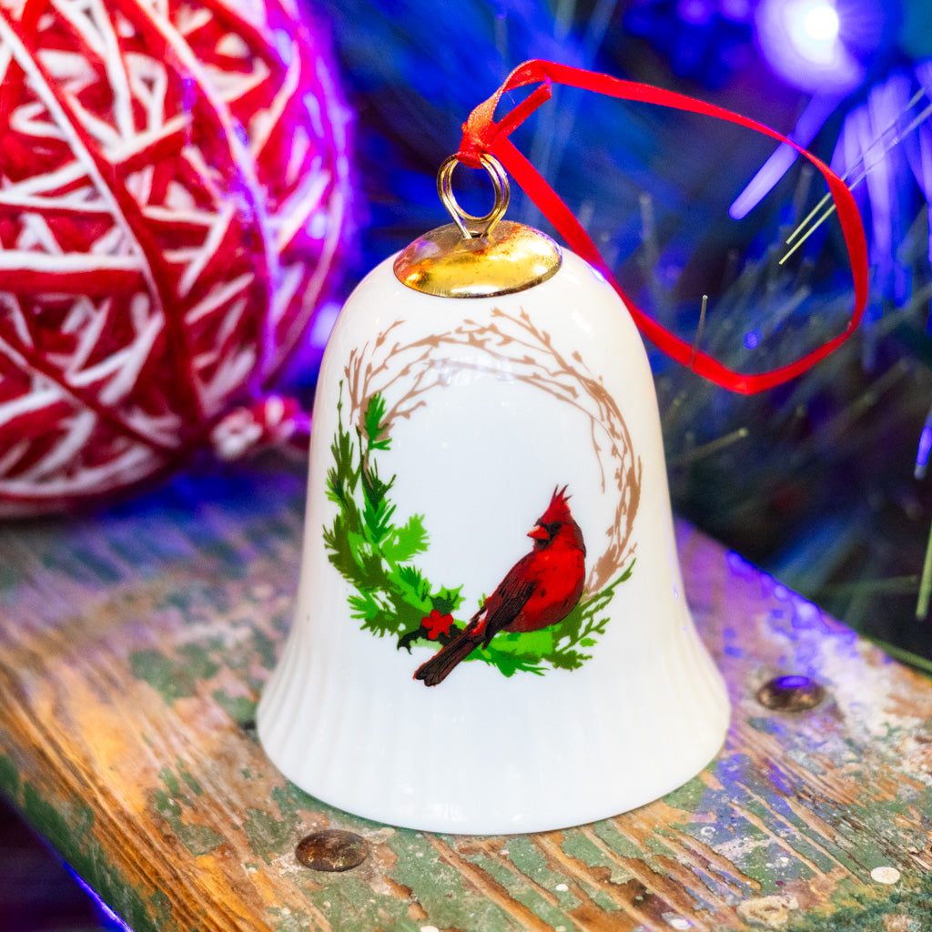 Porcelain Cardinal in Grapevine Wreath Bell Ornament