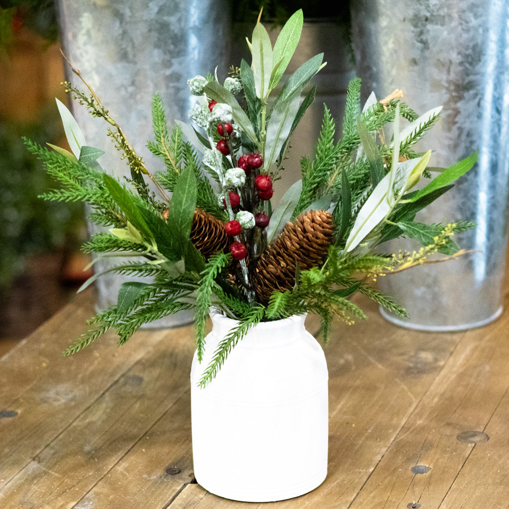 Mixed Pine Berries Eucalyptus in White Wood Vase