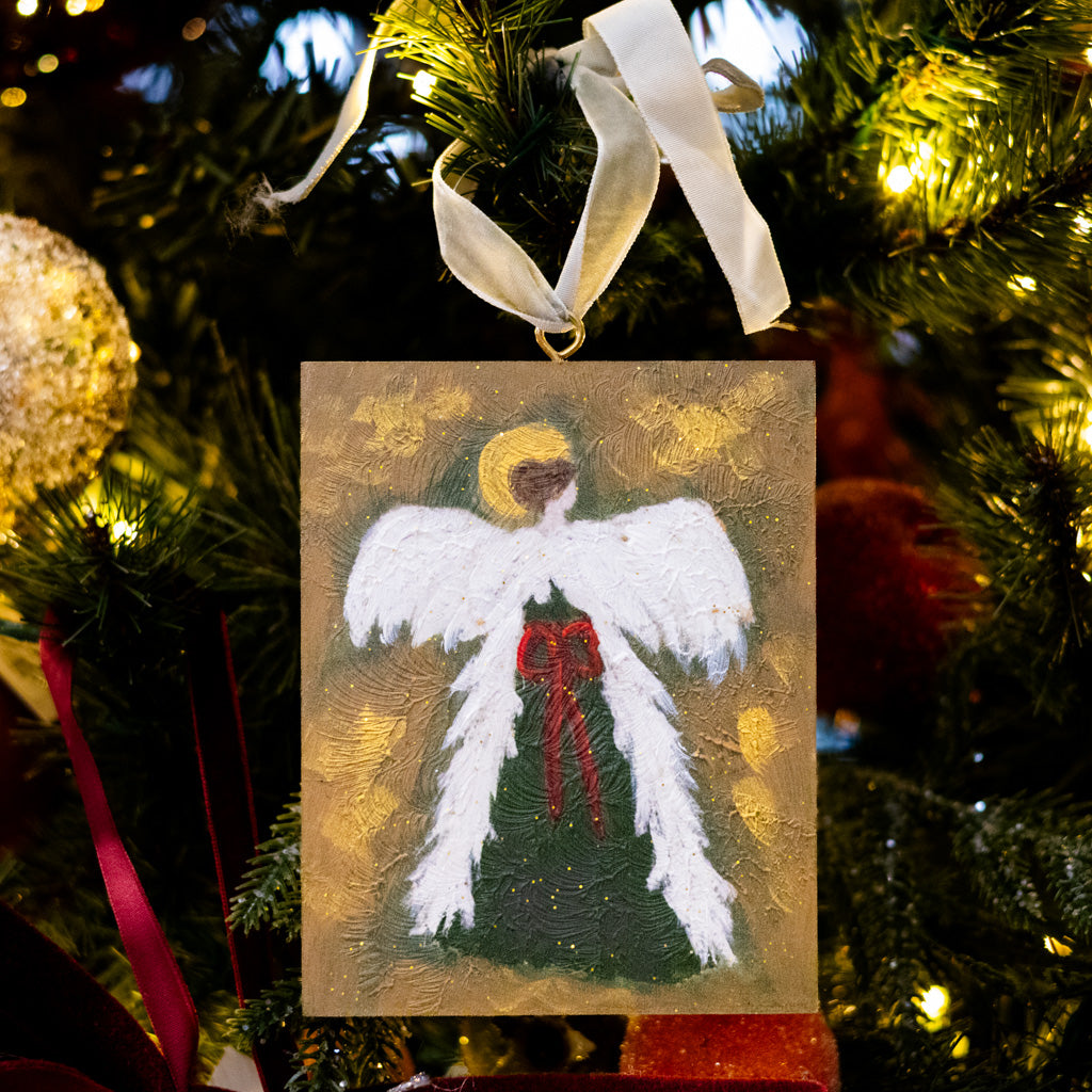 Handpainted Angel with Red Bow and Gold Glitter Wood Ornament