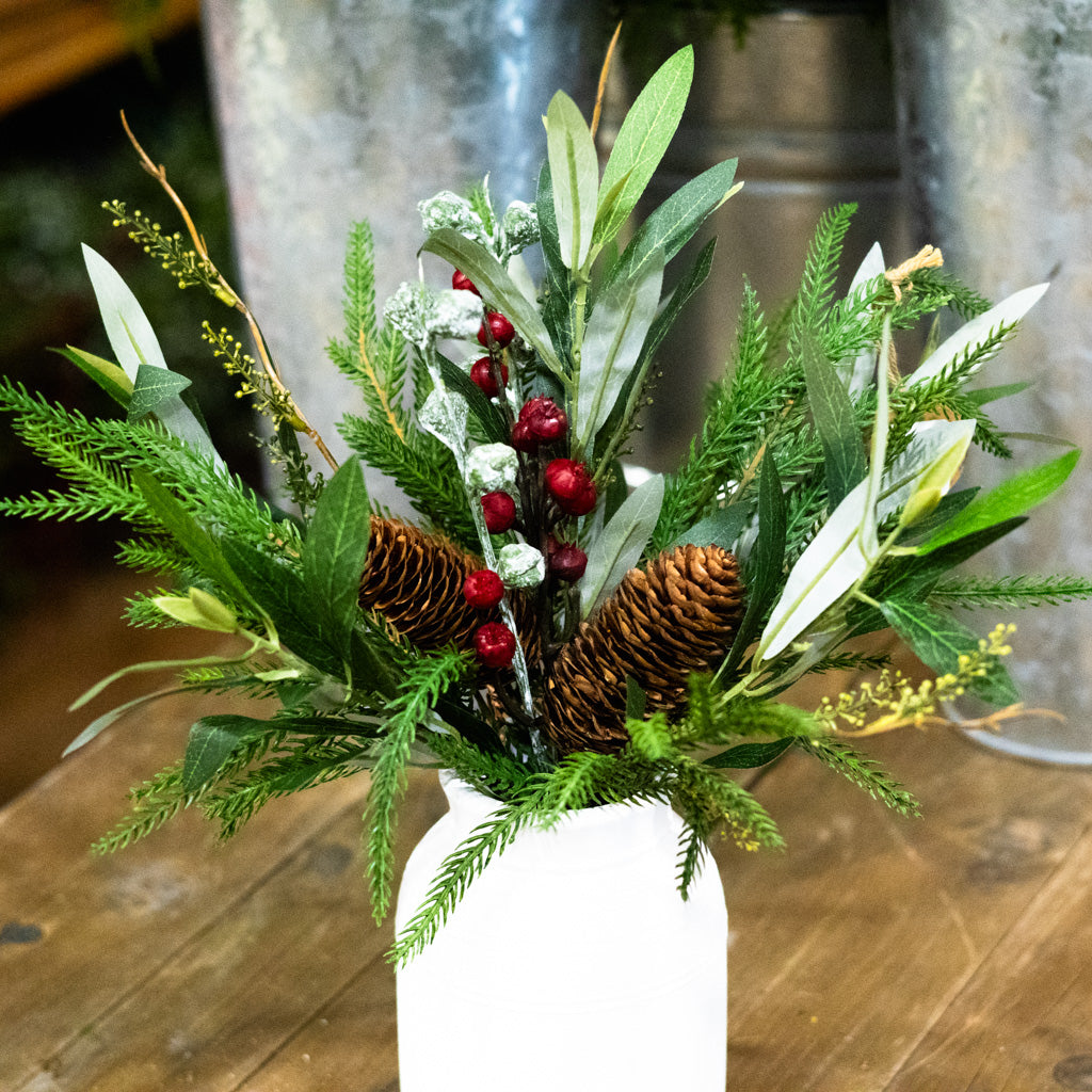 Mixed Pine Berries Eucalyptus in White Wood Vase