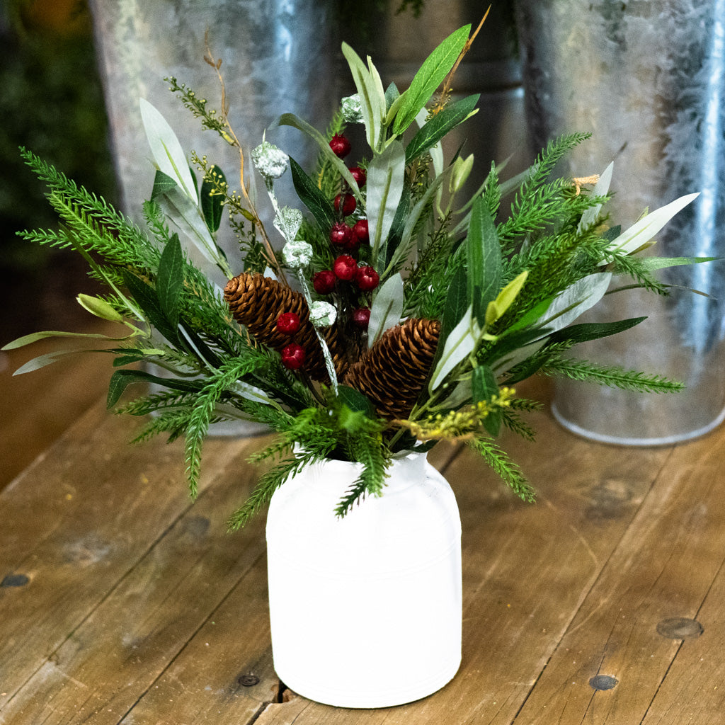 Mixed Pine Berries Eucalyptus in White Wood Vase