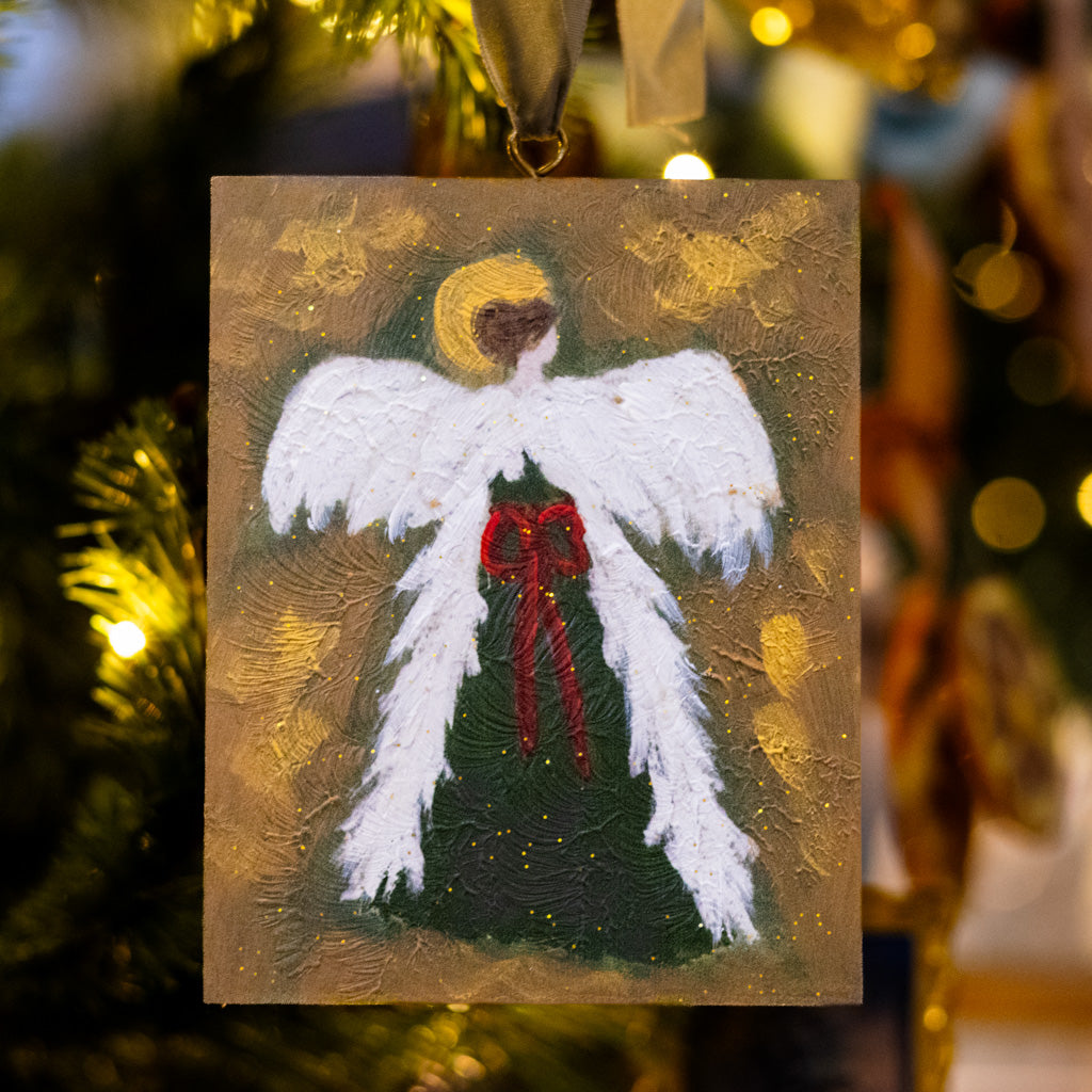Handpainted Angel with Red Bow and Gold Glitter Wood Ornament
