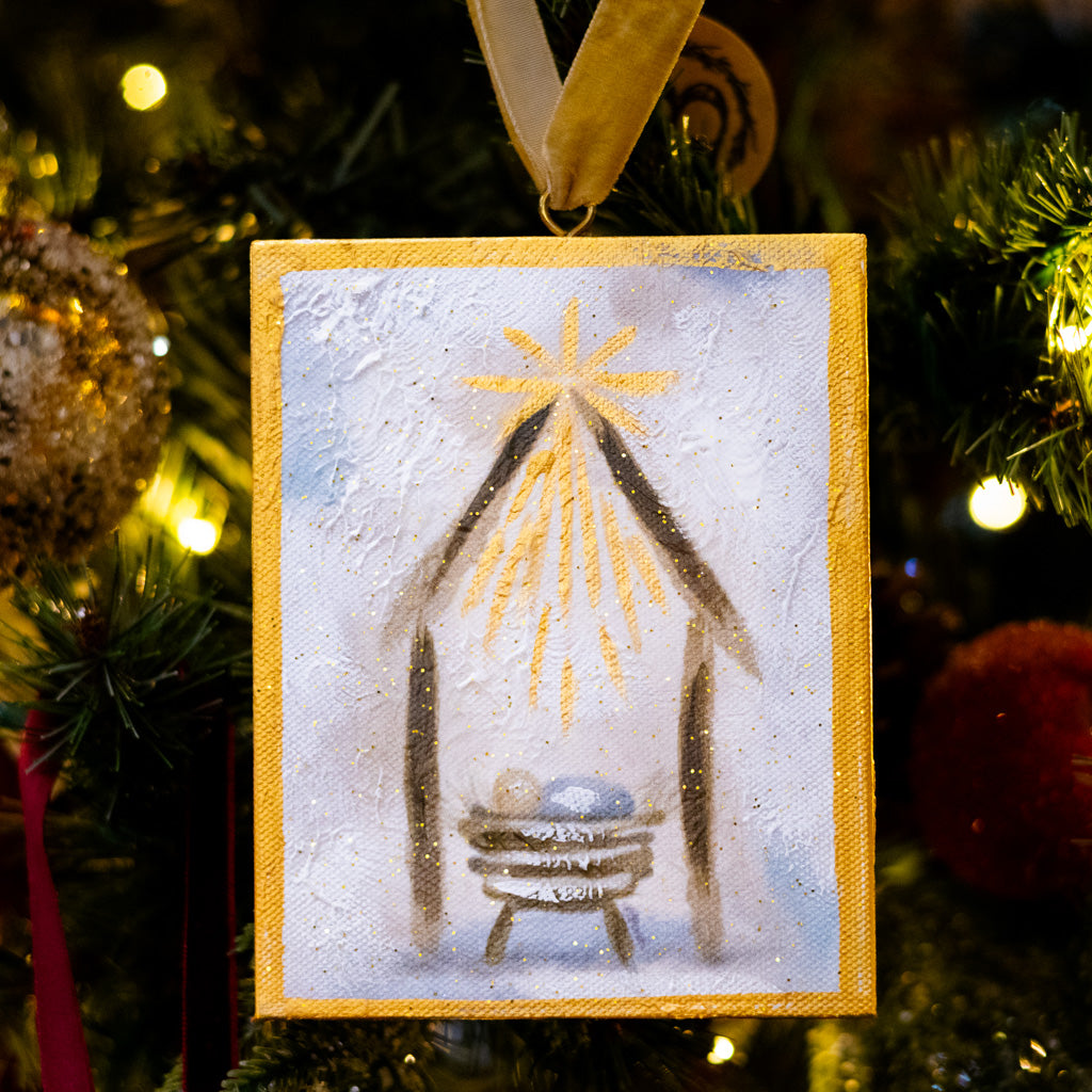 Hand Embellished Canvas Manger in Creche Ornament