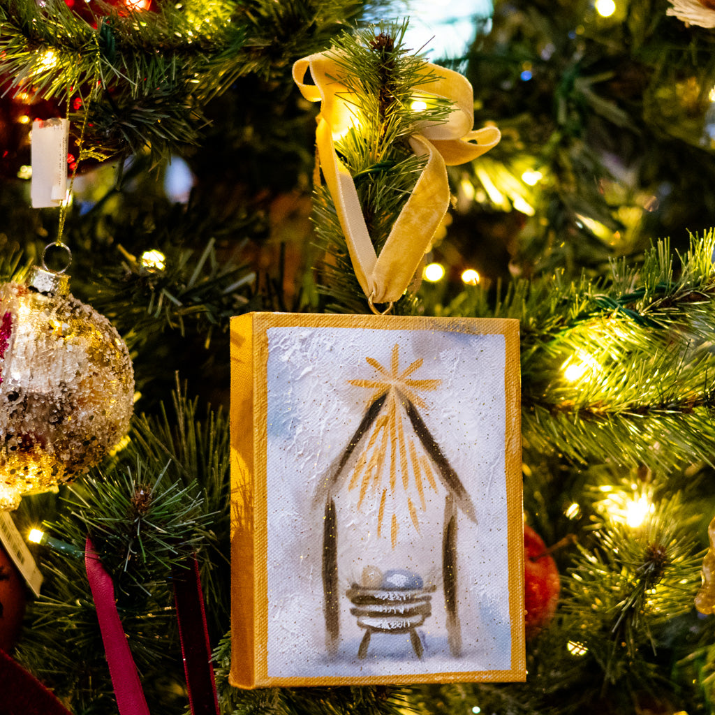Hand Embellished Canvas Manger in Creche Ornament