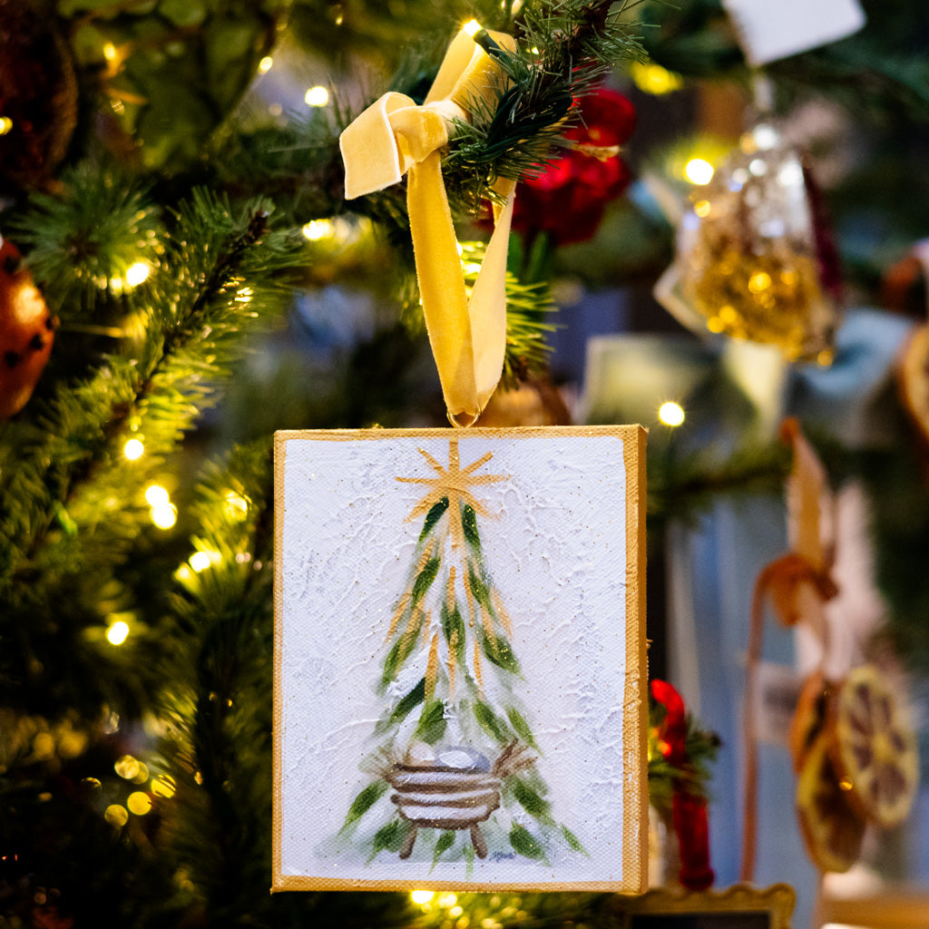 Hand Embellished Canvas Manger Under Tree Ornament