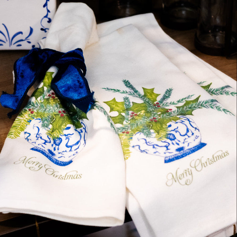 Ginger Jar with Greens and Merry Christmas Tea Towel