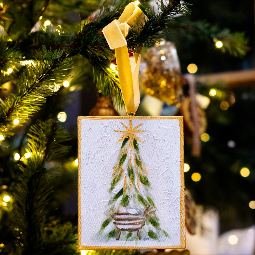 Hand Embellished Canvas Manger Under Tree Ornament