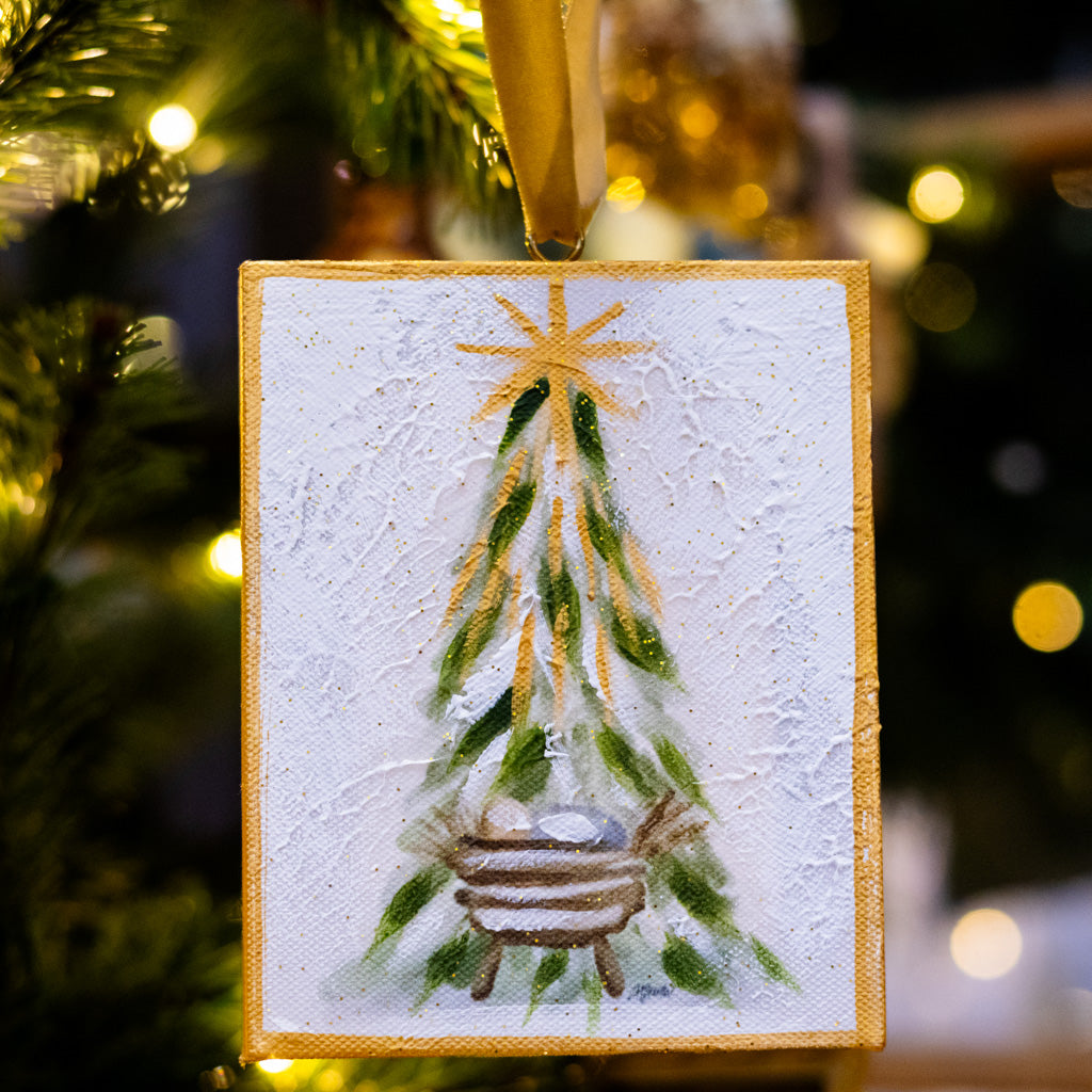 Hand Embellished Canvas Manger Under Tree Ornament