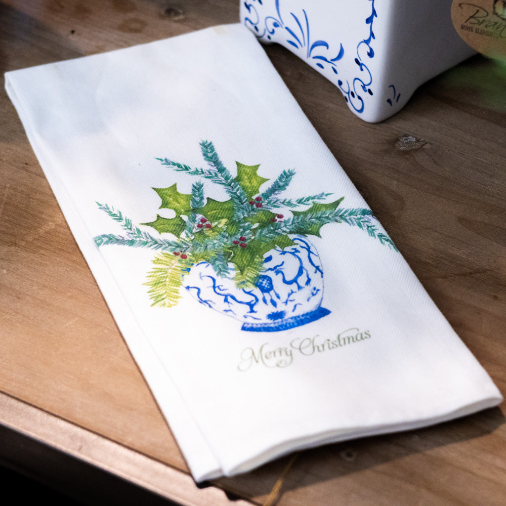 Ginger Jar with Greens and Merry Christmas Tea Towel