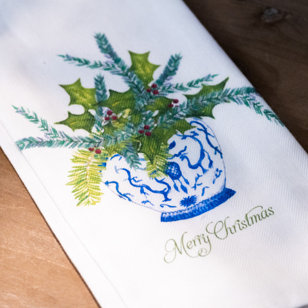 Ginger Jar with Greens and Merry Christmas Tea Towel
