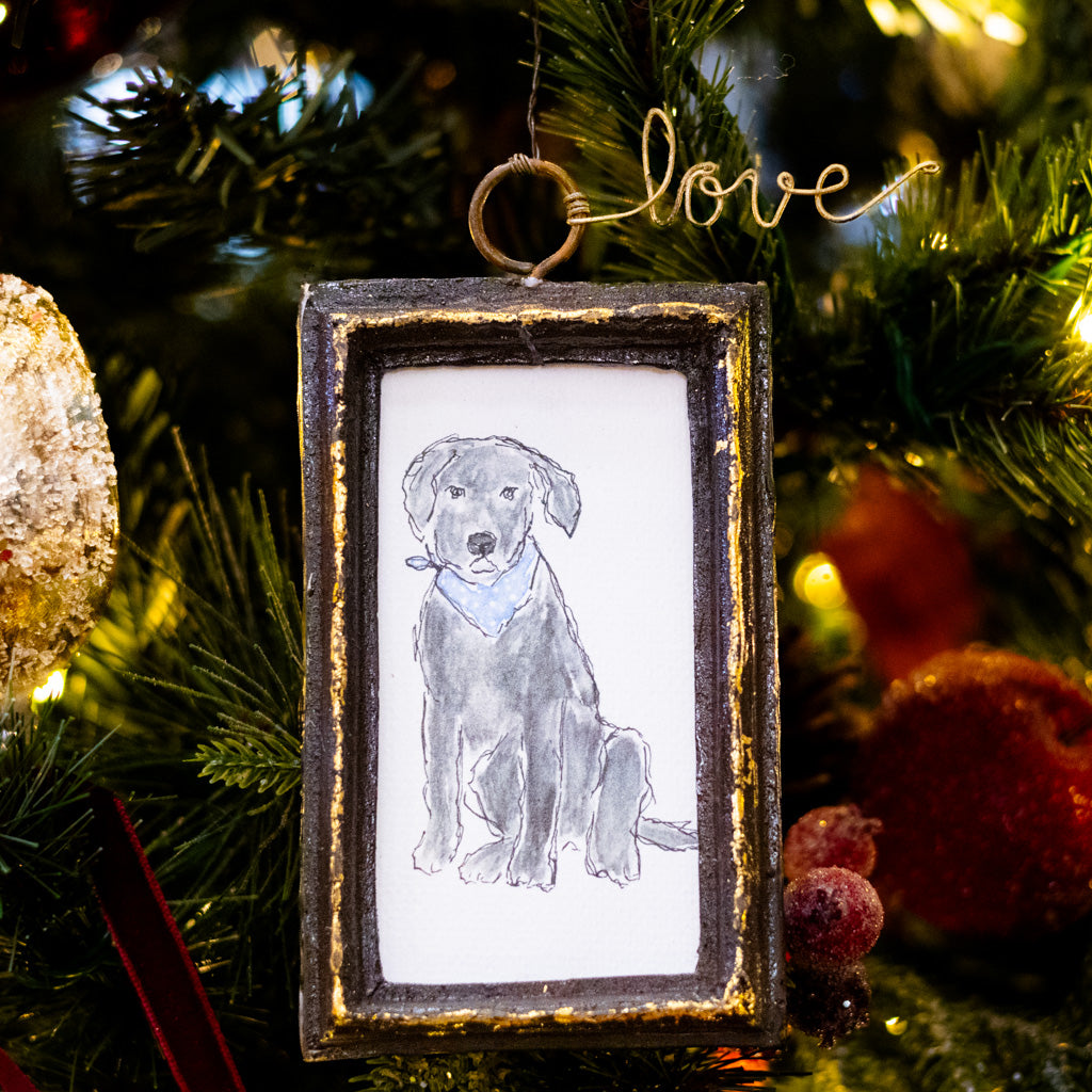 Black Labrador with Blue Bandana Dog Art in Wood Frame