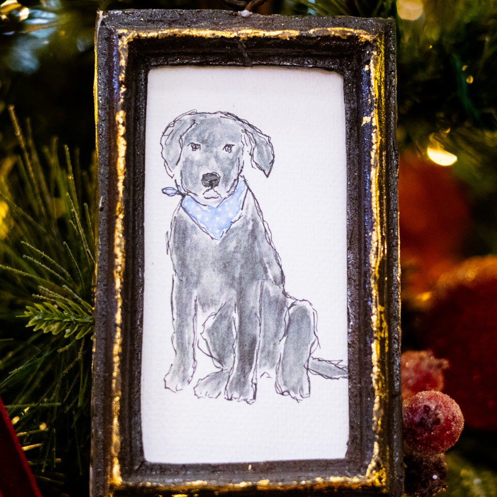 Black Labrador with Blue Bandana Dog Art in Wood Frame
