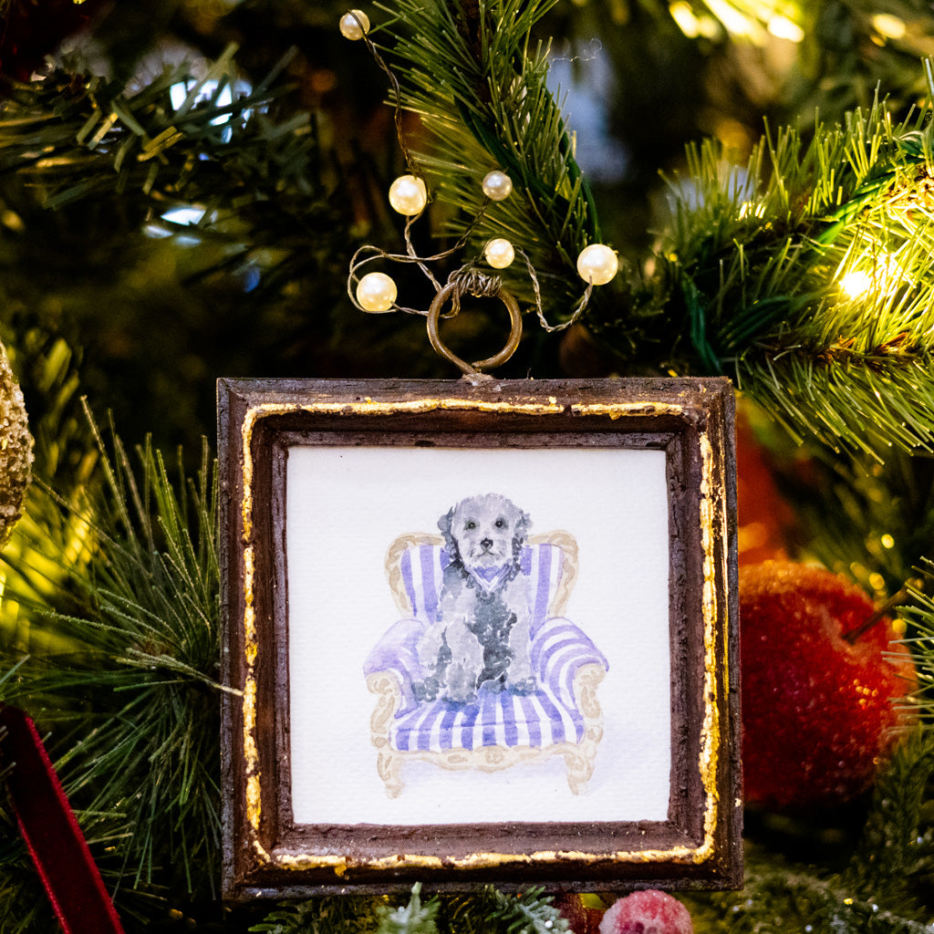Gray Dog in Purple Striped Chair Dog Art in Wood Frame