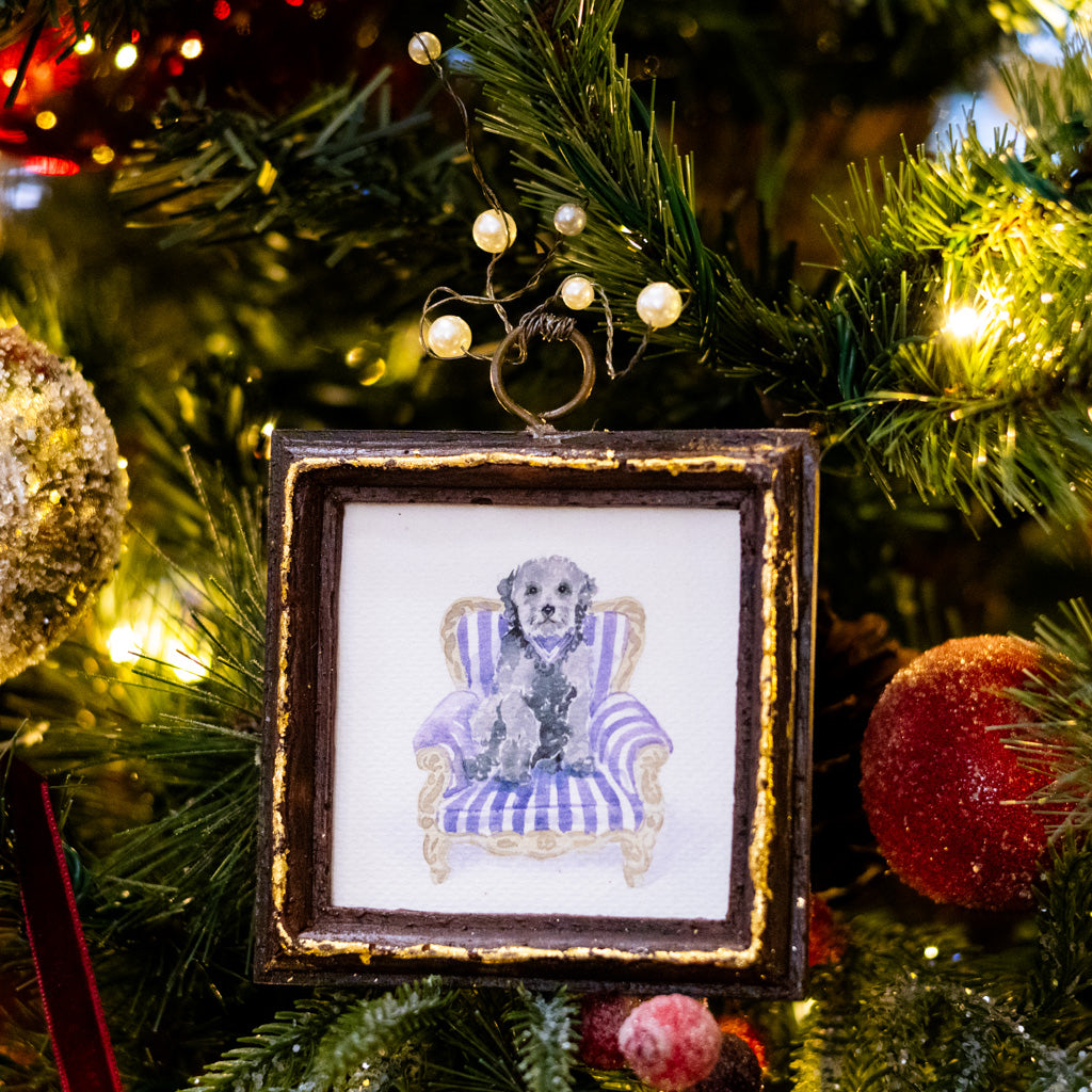 Gray Dog in Purple Striped Chair Dog Art in Wood Frame