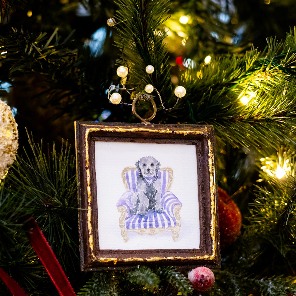 Gray Dog in Purple Striped Chair Dog Art in Wood Frame