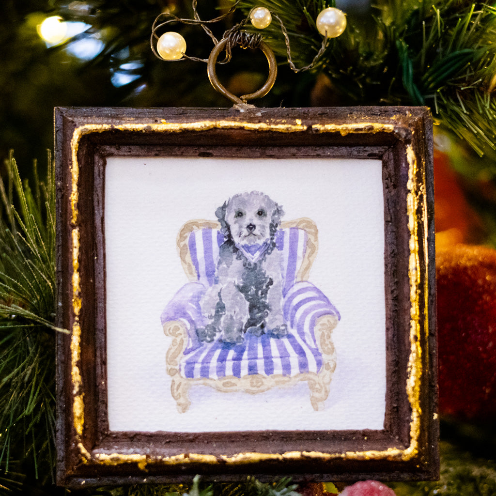 Gray Dog in Purple Striped Chair Dog Art in Wood Frame