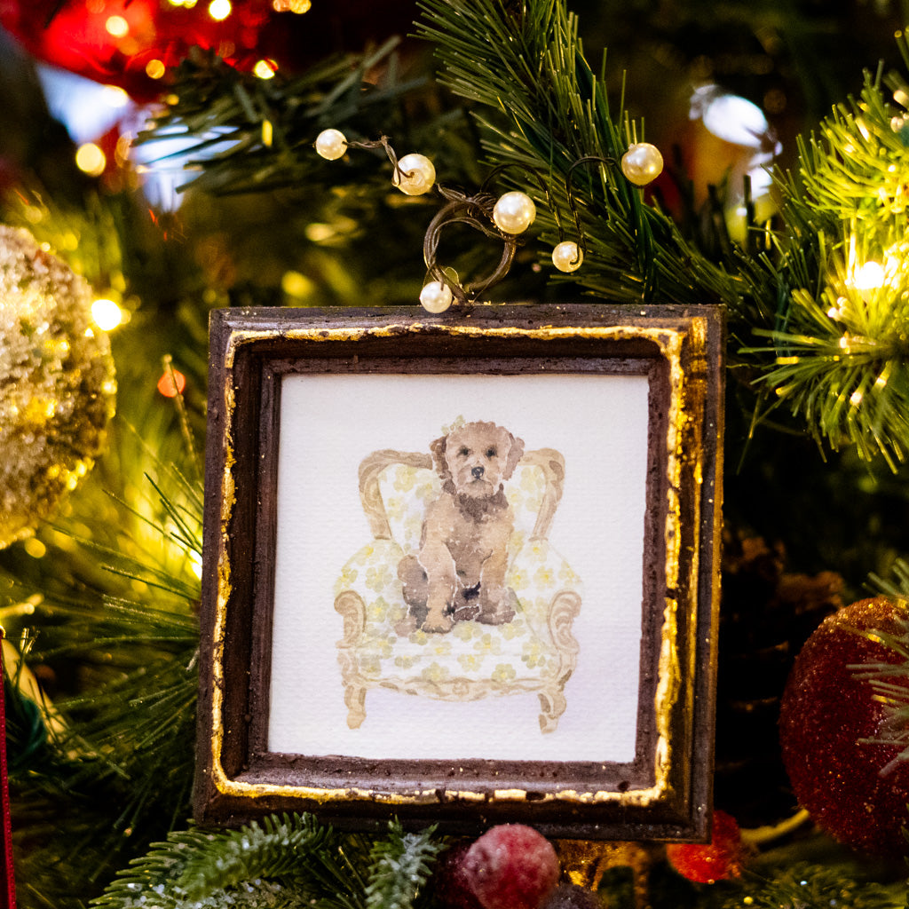 Brown Dog in Green Flowered Chair Dog Art in Wood Frame