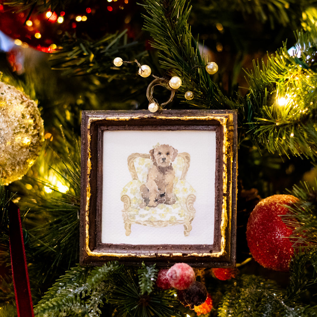 Brown Dog in Green Flowered Chair Dog Art in Wood Frame