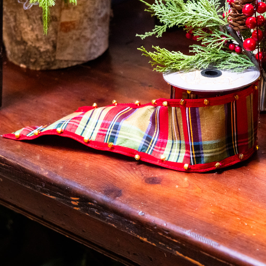Faux Dupion McFarland Plaid, Bell Edge, Red Ribbon Five Yards