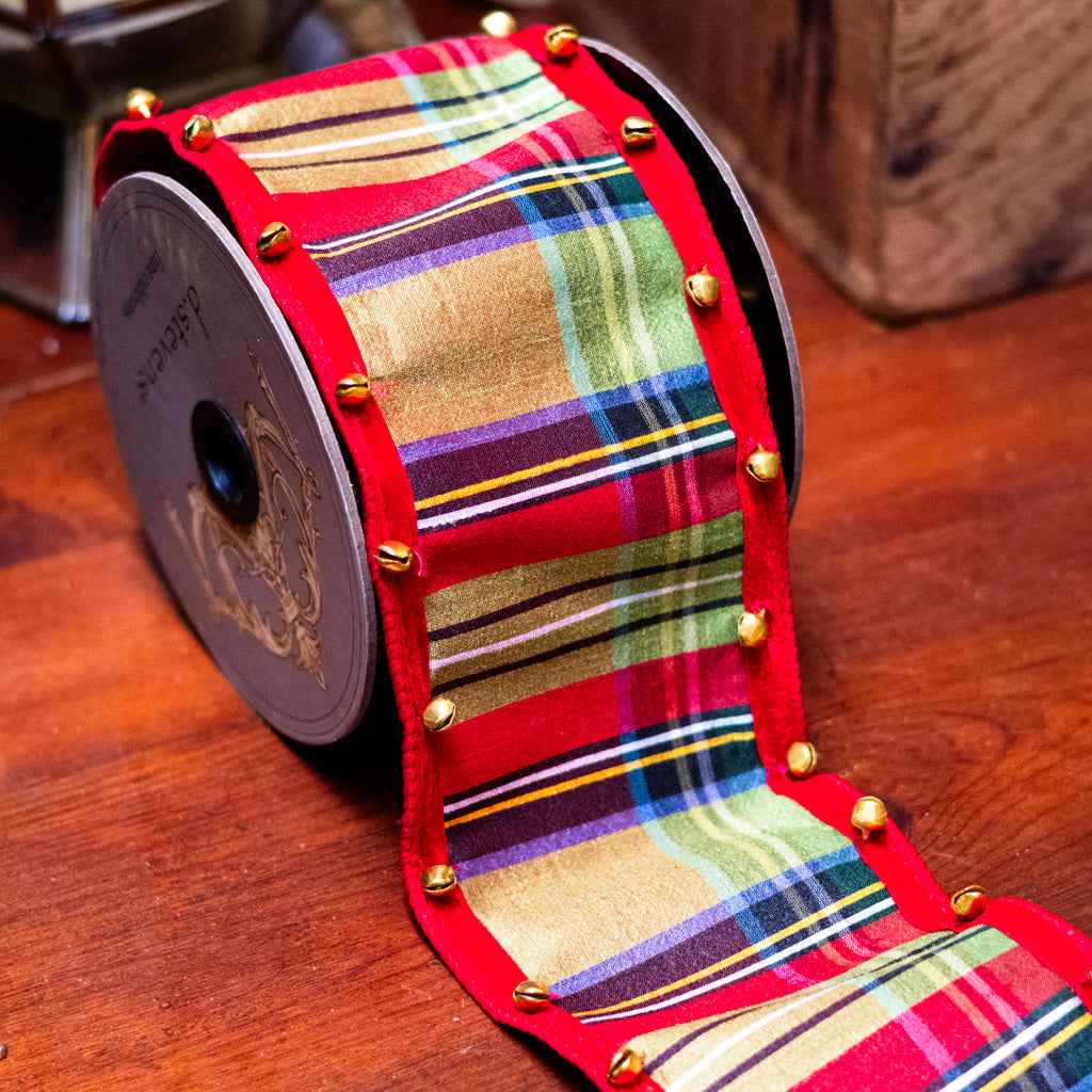 Faux Dupion McFarland Plaid, Bell Edge, Red Ribbon Five Yards