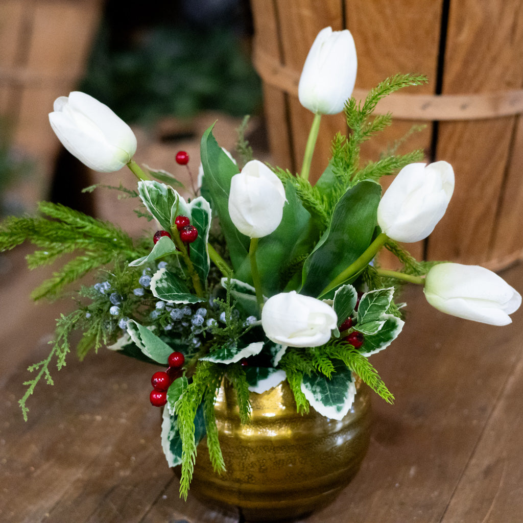 White Tulip and Holly Holiday Petite Bouquet