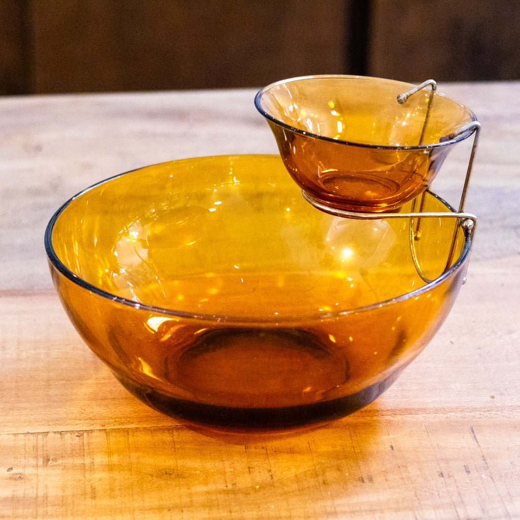 Mid-Century Amber Glass Bowl Dip Set