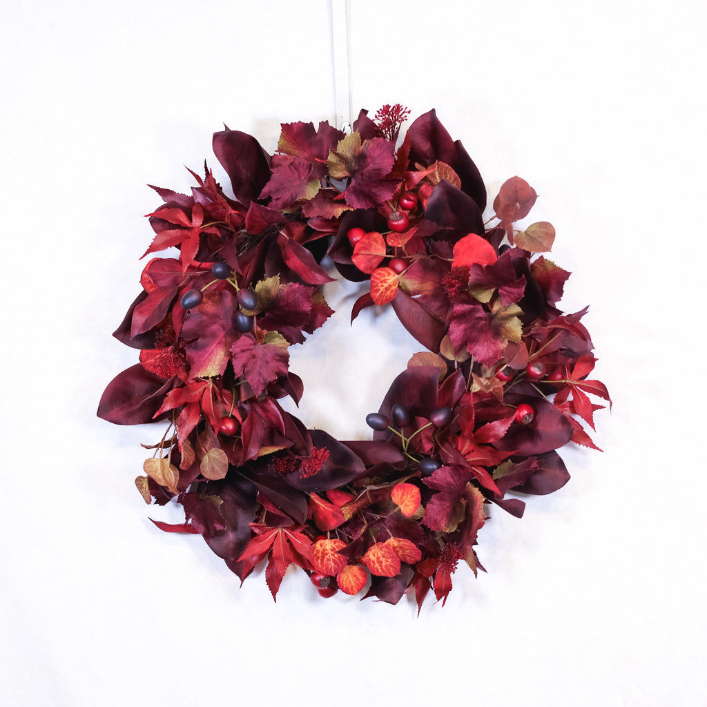 Mixed Foliage and Burgundy Crater Berries Wreath