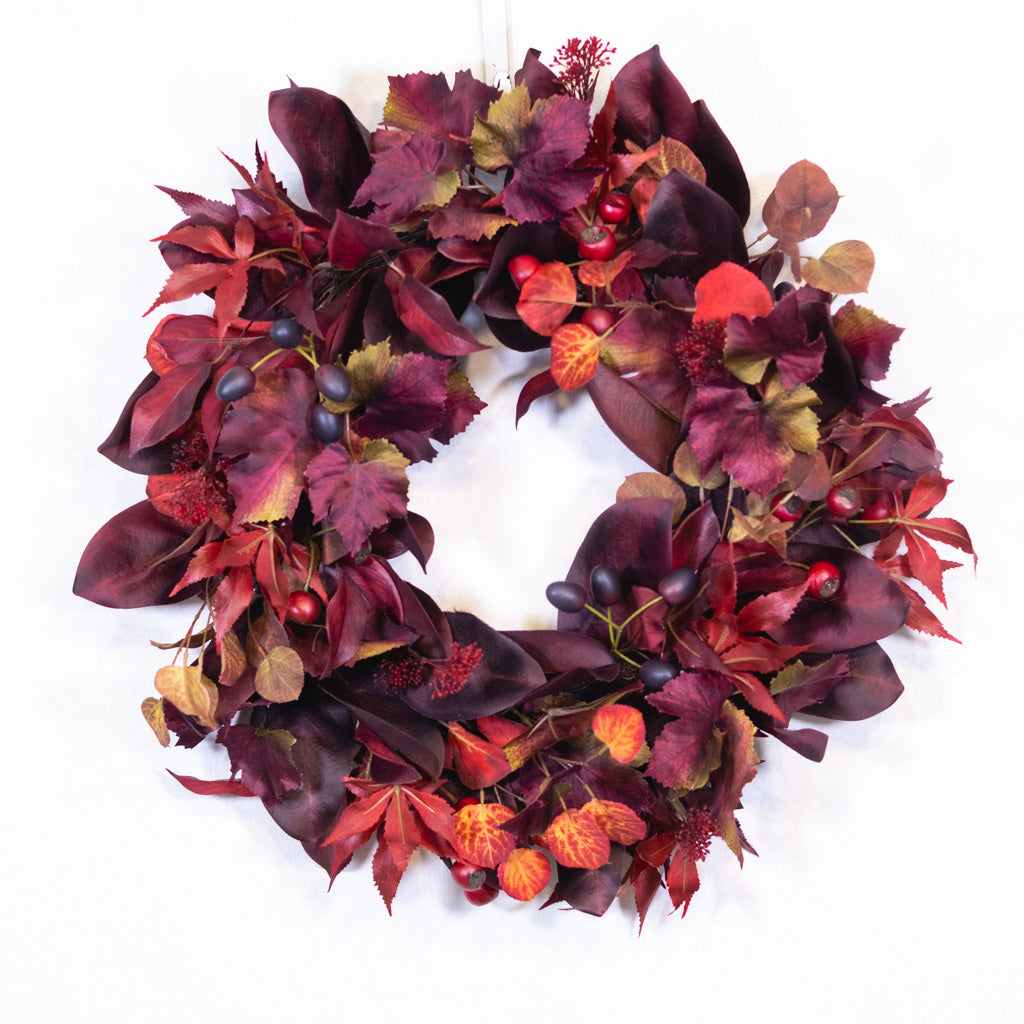 Mixed Foliage and Burgundy Crater Berries Wreath