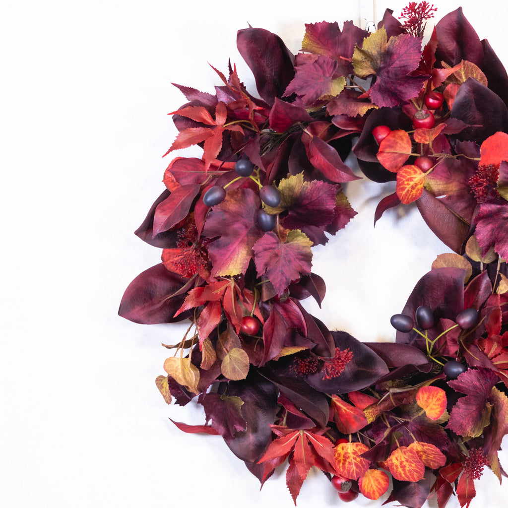 Mixed Foliage and Burgundy Crater Berries Wreath