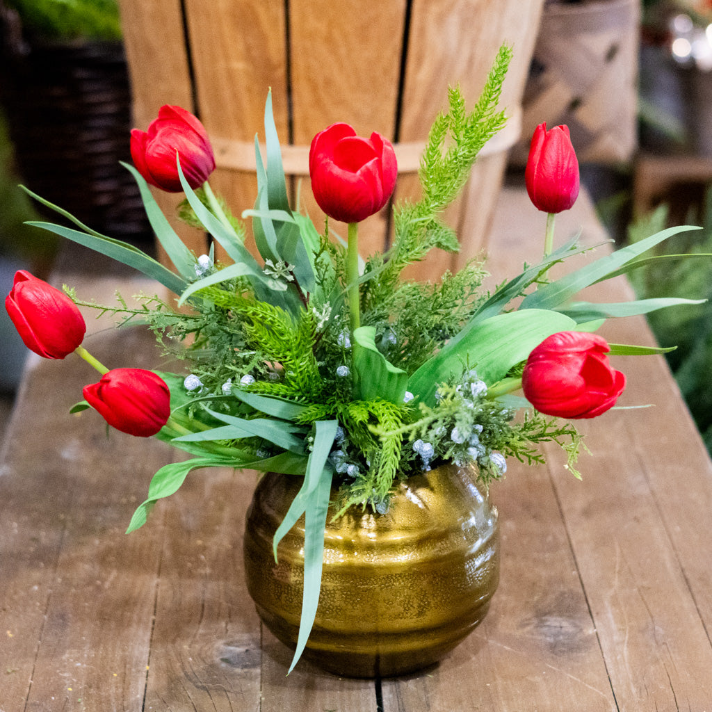 Red Tulip and Juniper Holiday Petite Bouquet Drop In