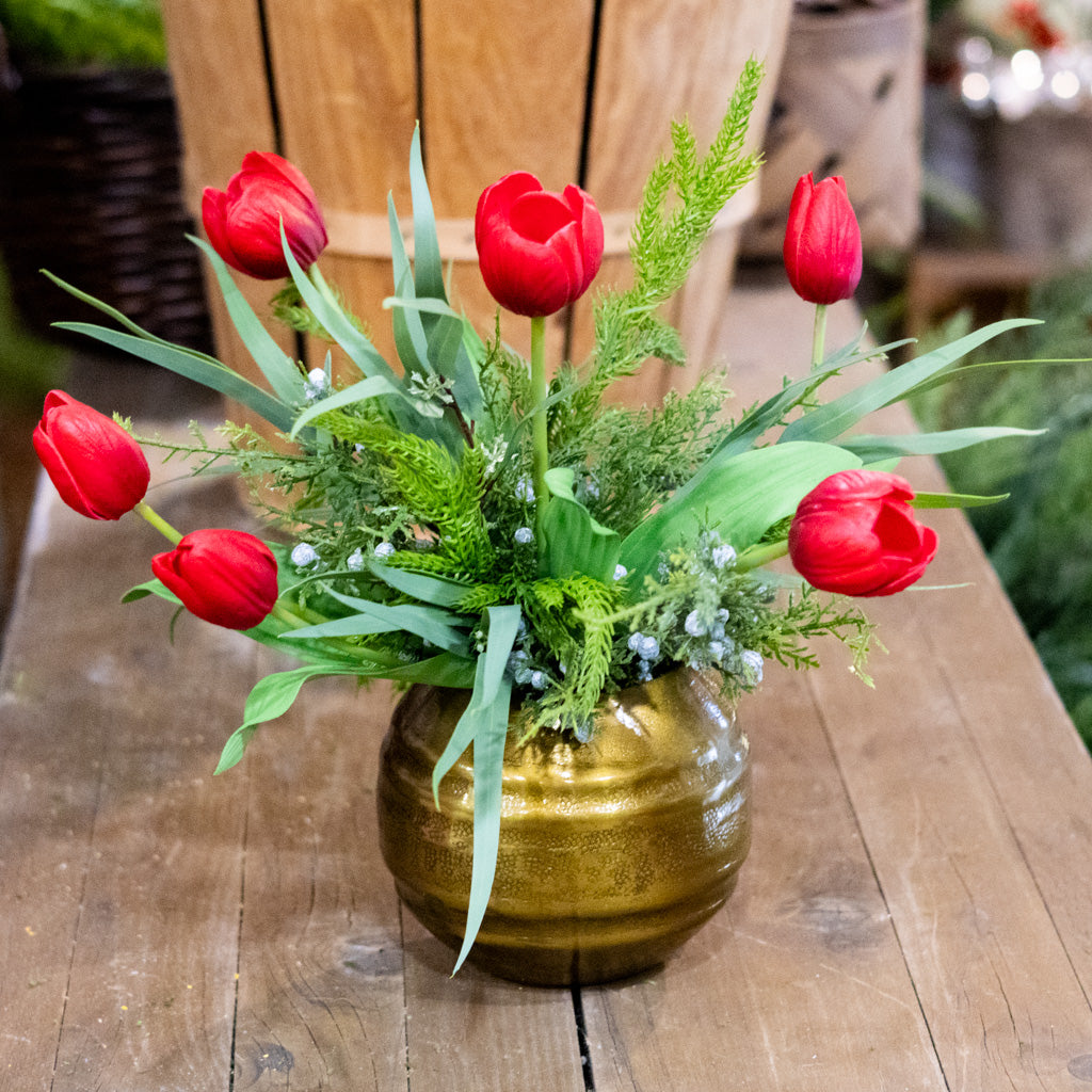 Red Tulip and Juniper Holiday Petite Bouquet Drop In