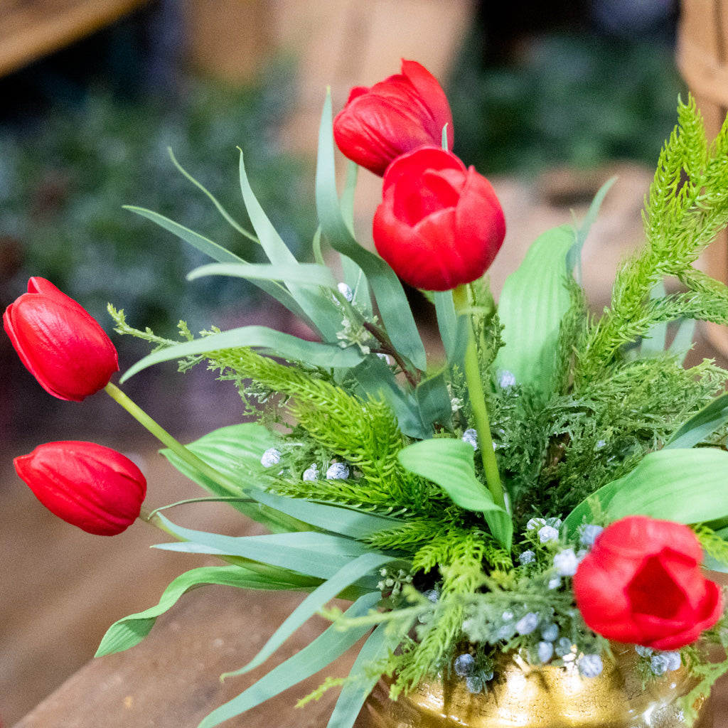Red Tulip and Juniper Holiday Petite Bouquet Drop In