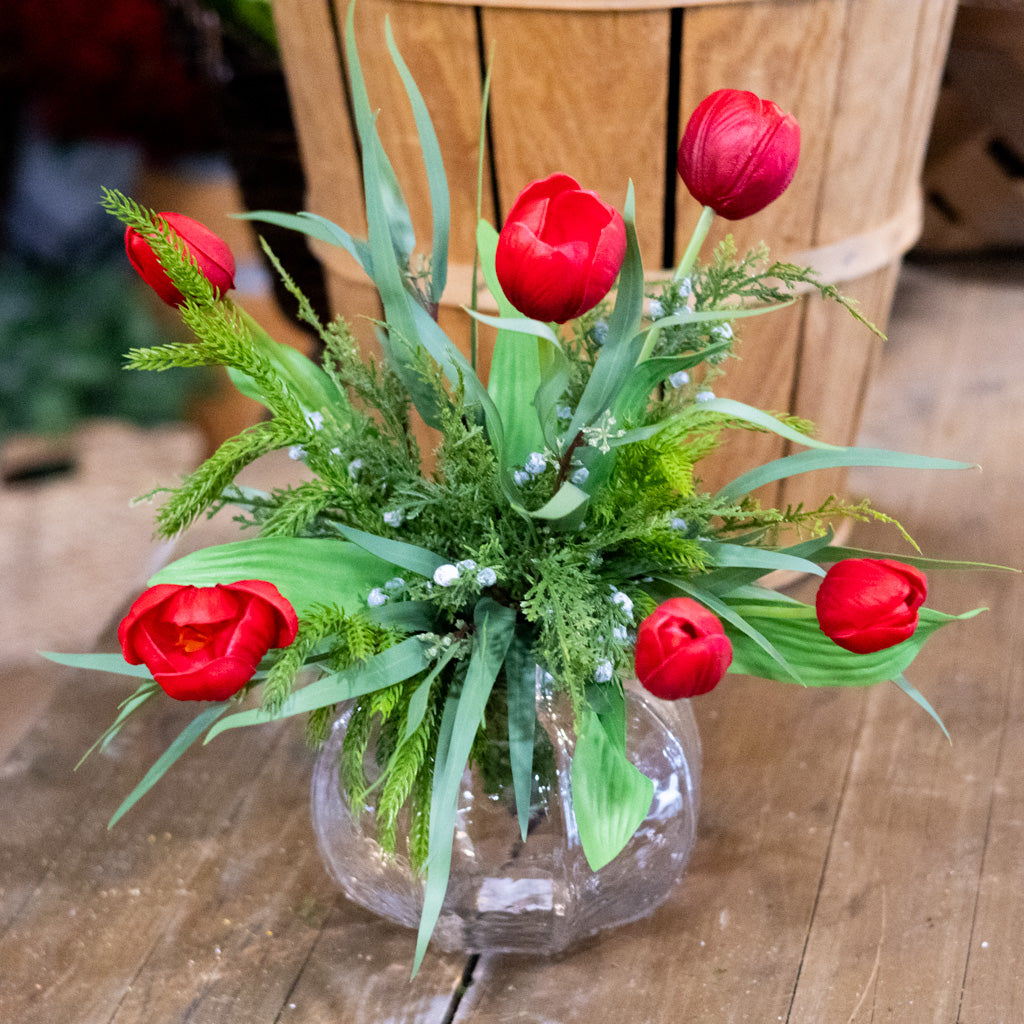 Red Tulip and Juniper Holiday Petite Bouquet Drop In