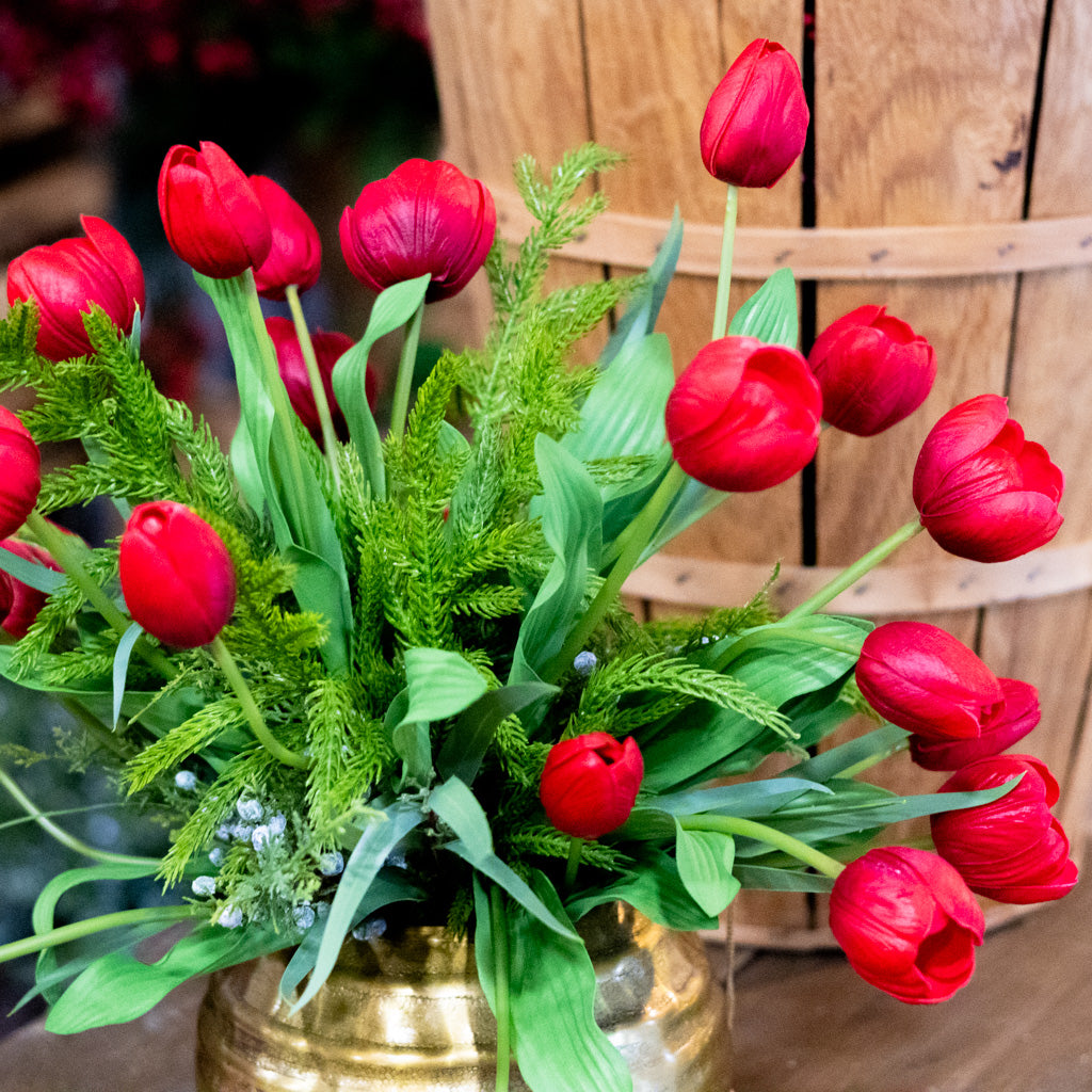 Grand Red Tulip and Juniper Holiday Bouquet