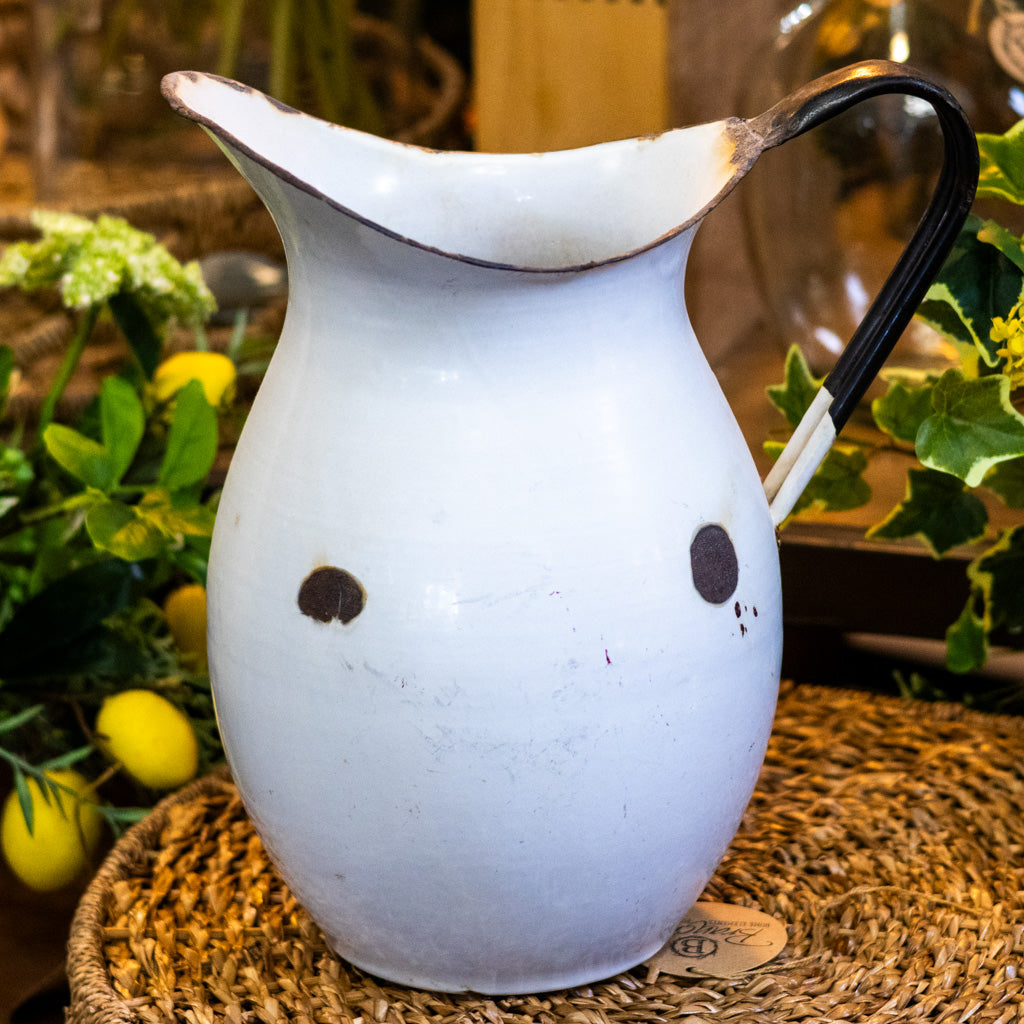 Large Vintage Metal Enamelware White Pitcher With Black Trim