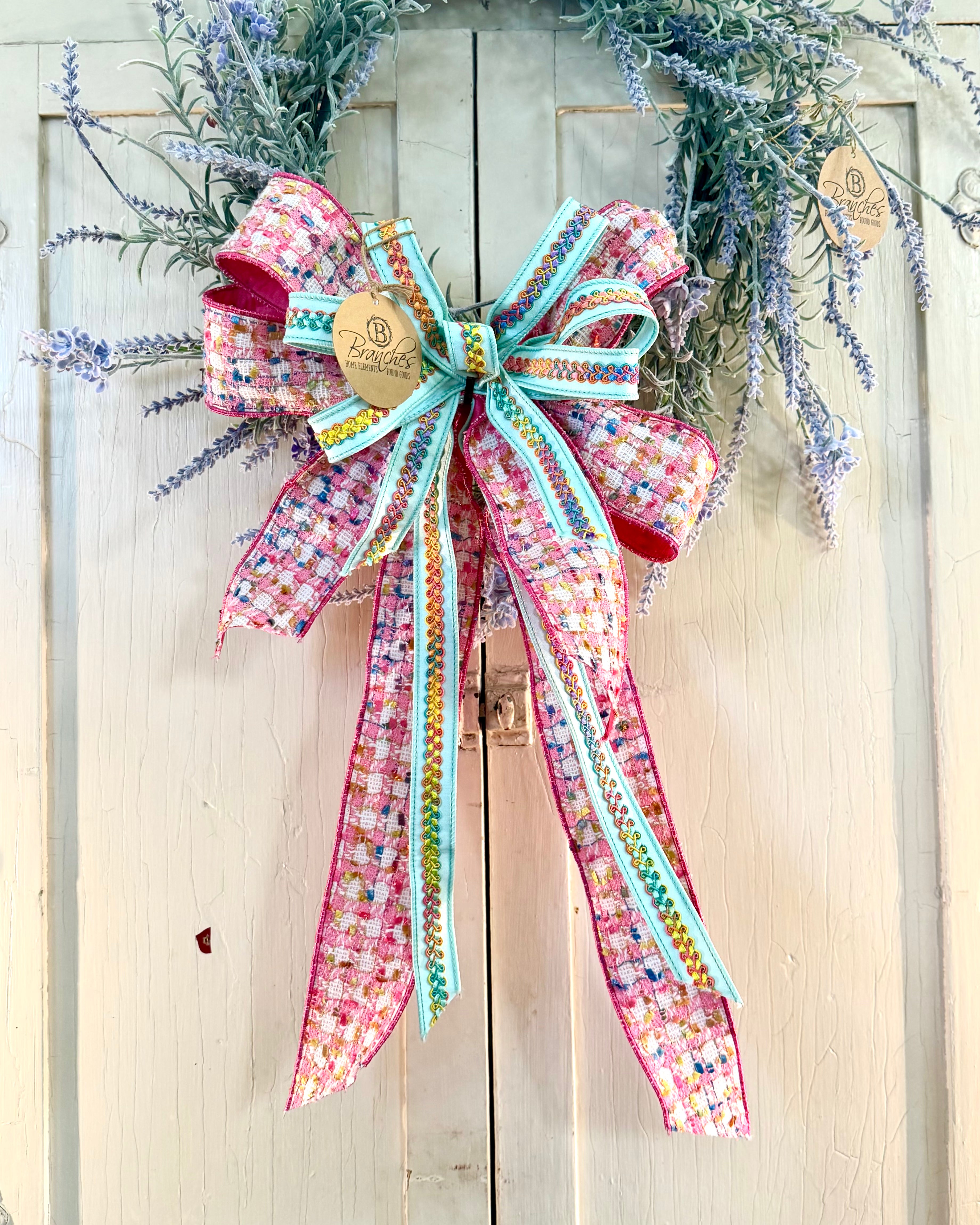 Pink & Aqua Patchwork Shine Hand-Tied Spring Ribbon Bow