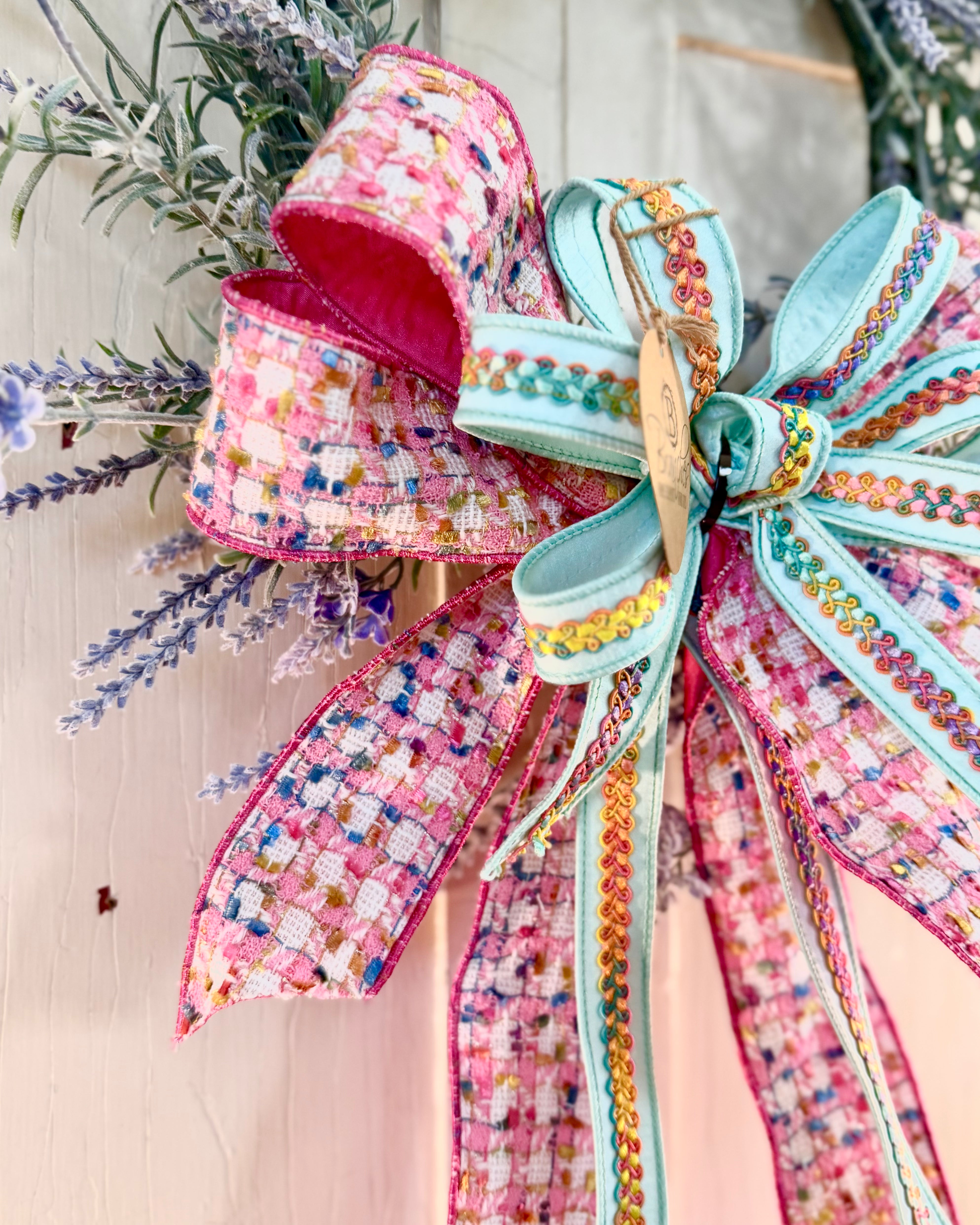 Pink & Aqua Patchwork Shine Hand-Tied Spring Ribbon Bow