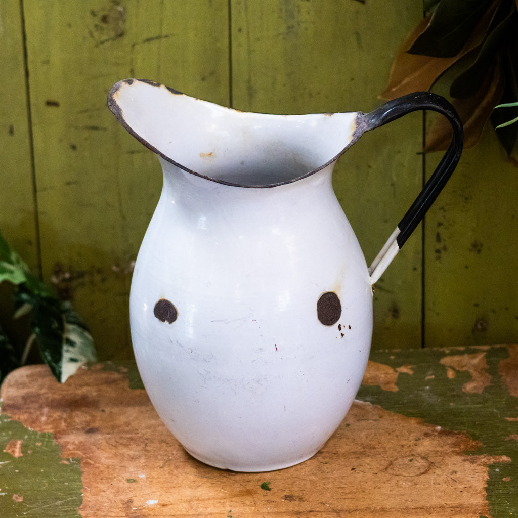 Large Vintage Metal Enamelware White Pitcher With Black Trim