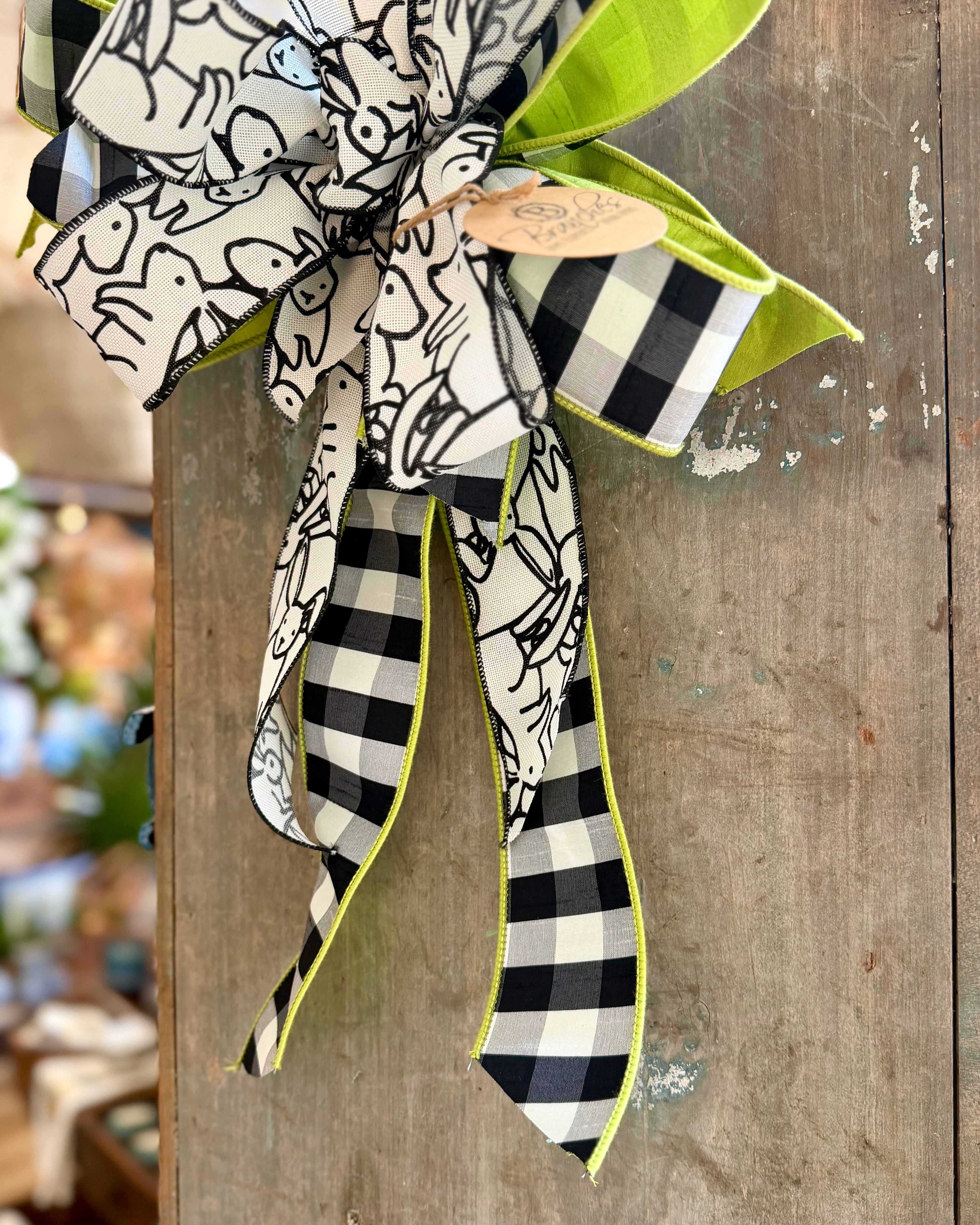 Bunny Print Black & White Check Lime Green Hand-Tied Bow