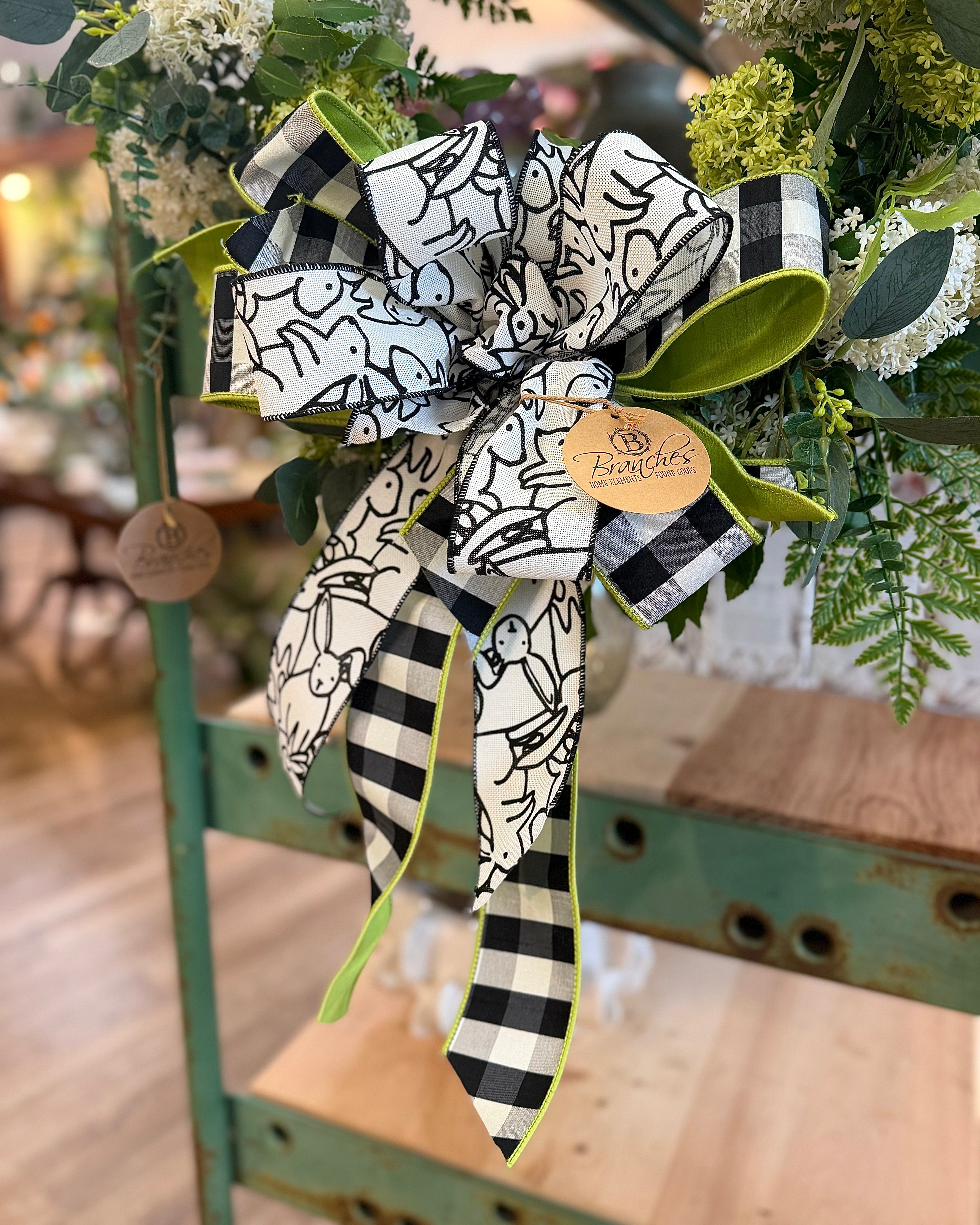 Bunny Print Black & White Check Lime Green Hand-Tied Bow