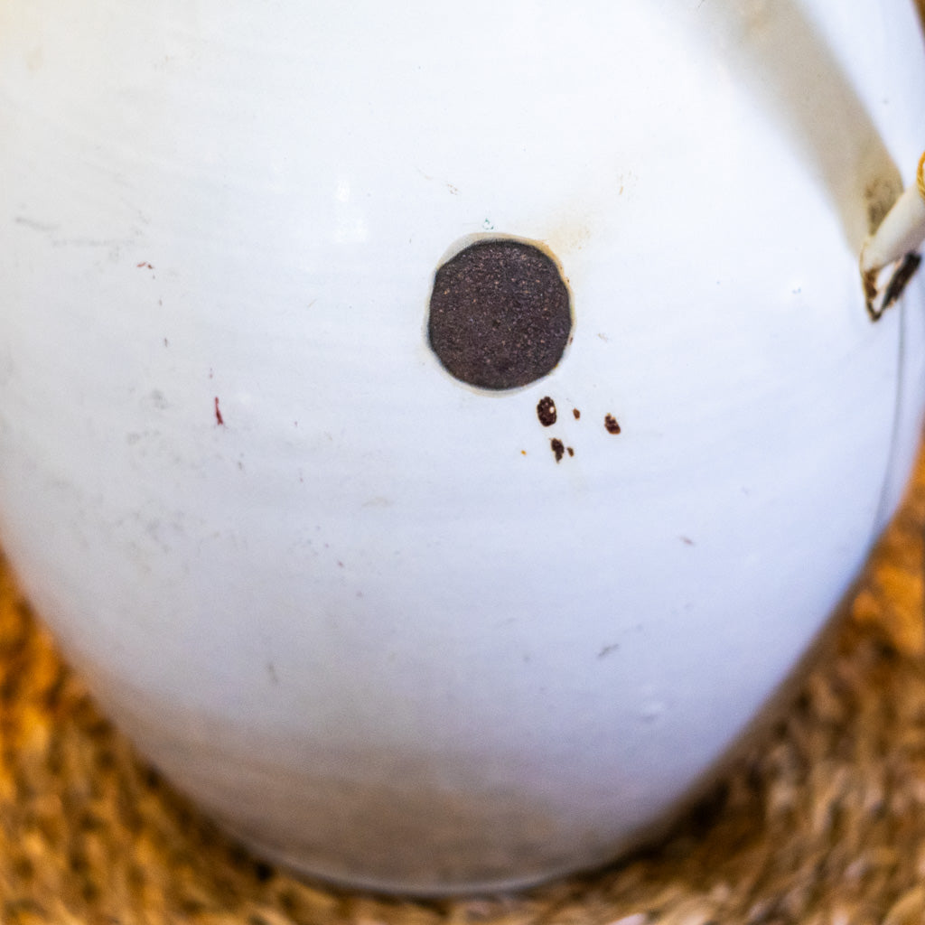 Large Vintage Metal Enamelware White Pitcher With Black Trim