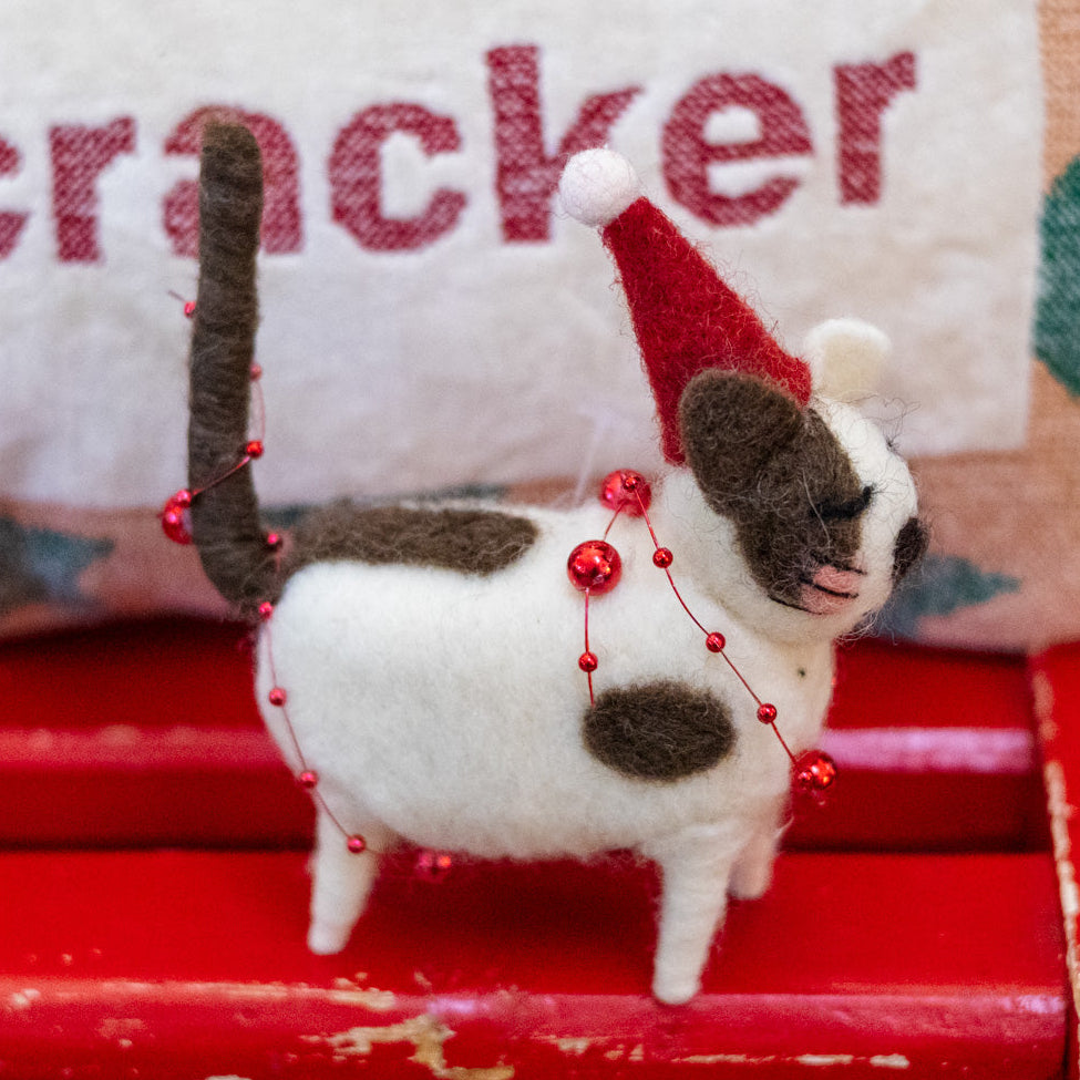 Wool Cat with Red Hat Ornament