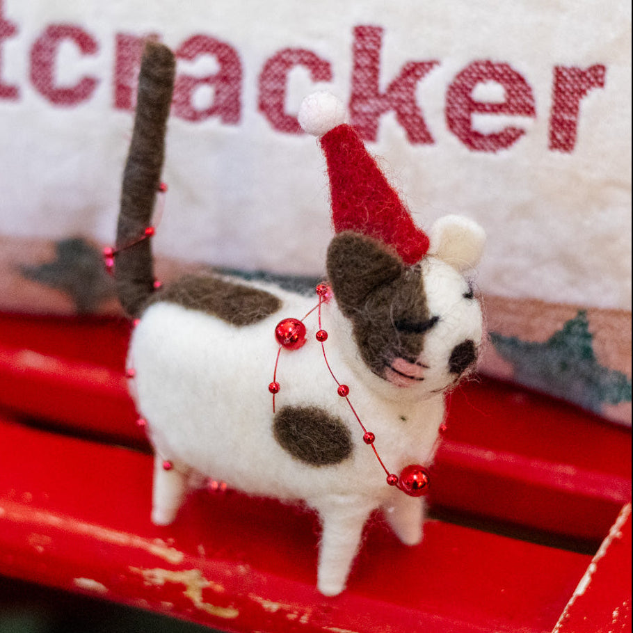 Wool Cat with Red Hat Ornament