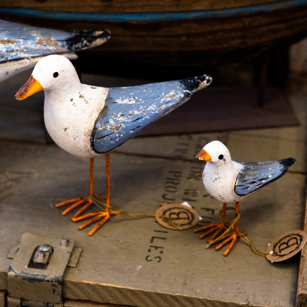 Medium Standing Wood Bird Blue White