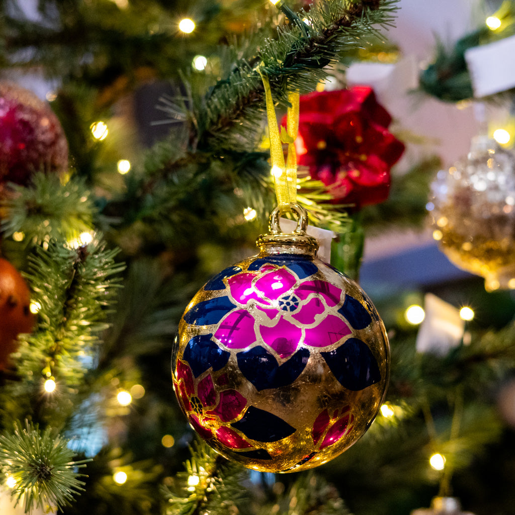 Navy and Fuchsia Floral Ball Ornament